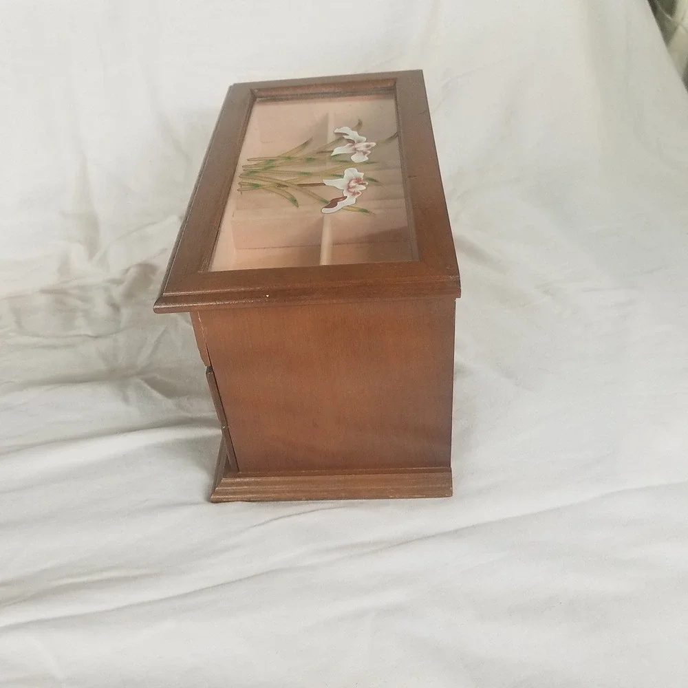 Vintage Wooden Jewelry Box Organizer Brown Excellent Floral Glass 2-drawers